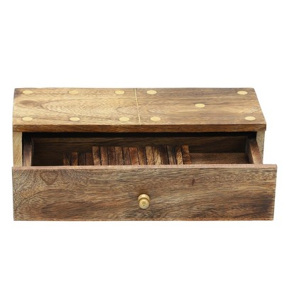 Brown Mango Wood and Brass Dominoes Set with Storage Box