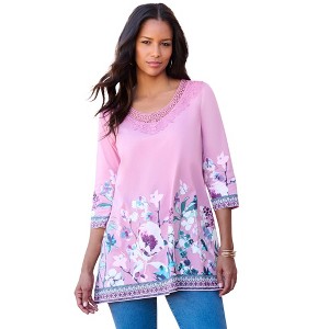 Roaman's Women's Plus Size V Neck Lace Print Ultra Femme Tee - 1 of 4