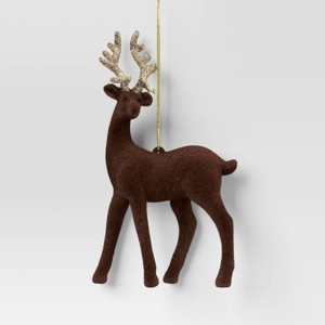 5.9" Christmas Plastic Dark Brown Flocked Deer with Glitter Antler Ornaments - Wondershop™ - 1 of 3