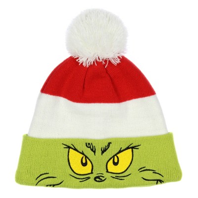 Dr. Seuss GRINCH Embroidered Face Color Block Pom Fold Cuff Adult Knit Beanie Multicoloured