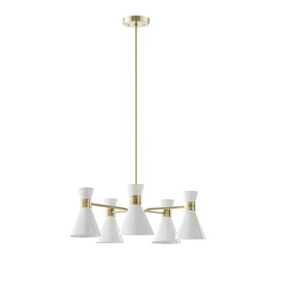 Ezra Mid-Century 5-Light Chandelier in Antique Brass with White Shades
