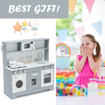 Gray and White Wooden Kids Play Kitchen Set with Light & Sound