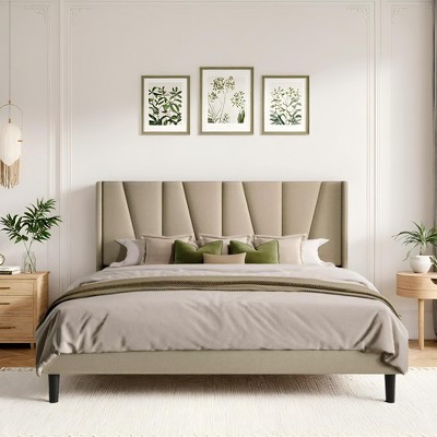 Allewie Platform Bed Frame with Geometric Wingback Headboard, Modern Upholstered Bed with Wooden Slats Support, No Box Spring Needed, Easy Assembly