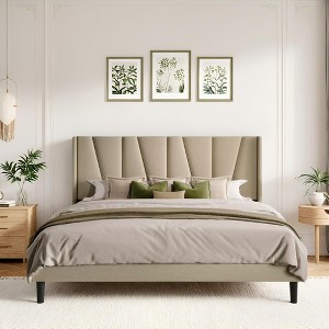 Allewie Platform Bed Frame with Geometric Wingback Headboard, Modern Upholstered Bed with Wooden Slats Support, No Box Spring Needed, Easy Assembly - 1 of 4