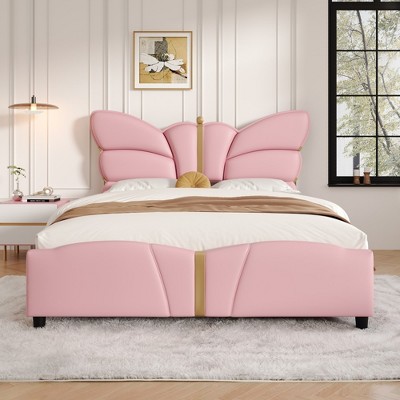 Grungis Full/Queen Size Upholstered Bed Frame with Butterfly Shaped Headboard,PU Leather Platform Bed with Gold Metal Decorations