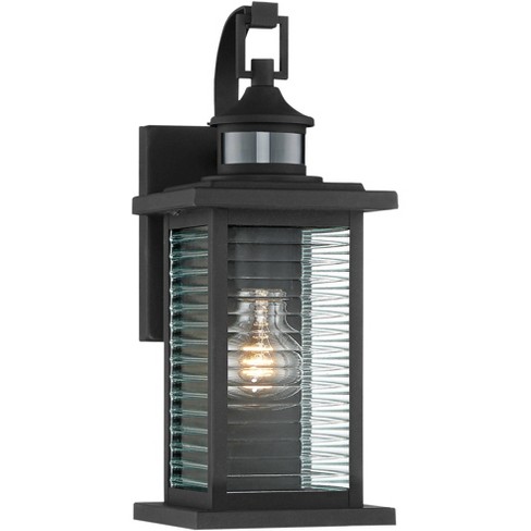 John Timberland Cameron Mission Outdoor Wall Light Fixture Textured Black Motion Sensor Dusk to Dawn 13 3/4" Clear Stripped Glass for Post Exterior - image 1 of 4