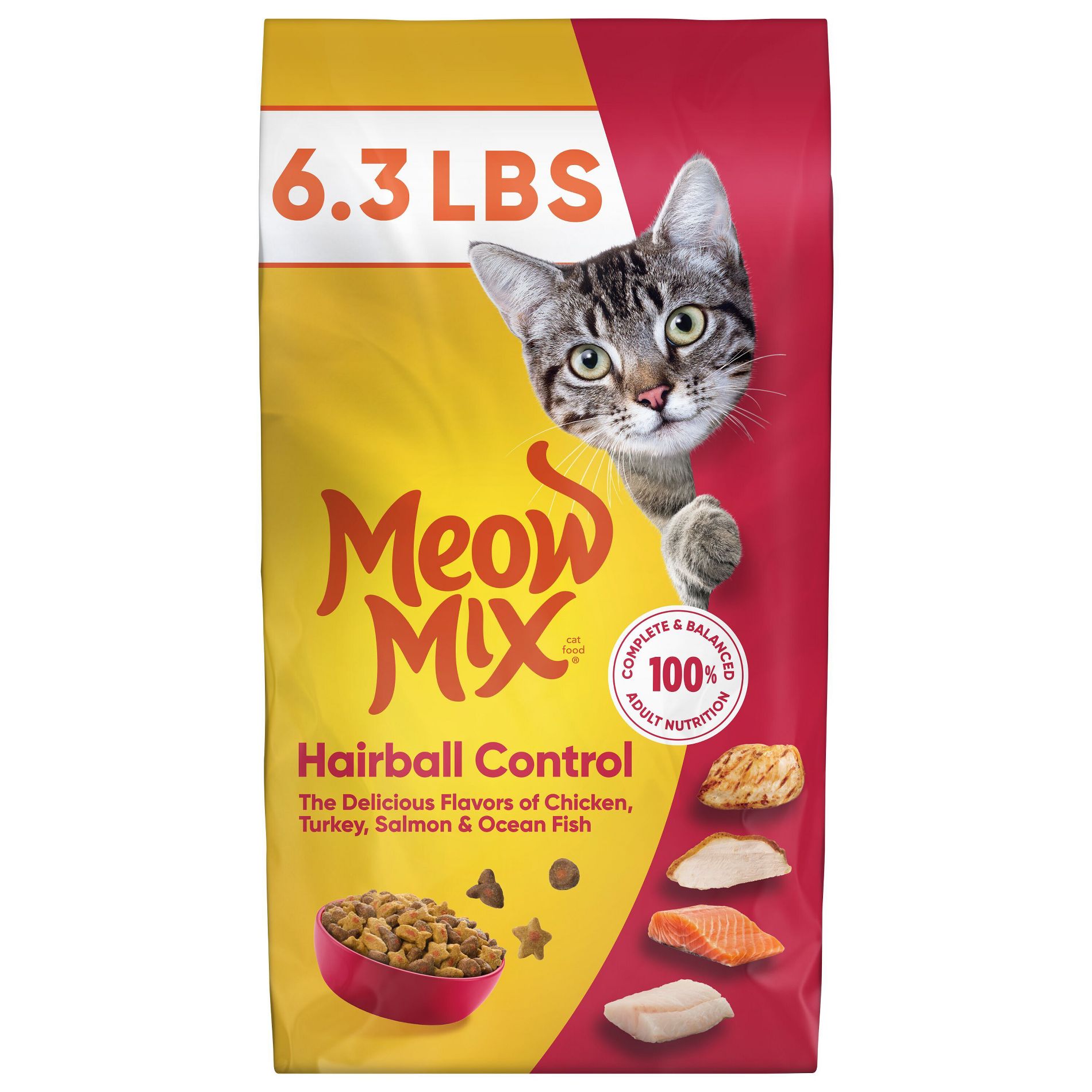Meow Mix Hairball Control with Flavors of Chicken, Turkey , Salmon & Ocean Fish Adult Complete & Balanced Dry Cat Food - 6.3lbs