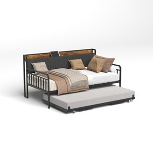Bellemave Daybed with Trundle, Sturdy Metal Twin Bed Frame with Upholstered Headboard for Living Room and Bedroom  Black - 1 of 4