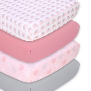 The Peanutshell Fitted Crib Sheet Set for Baby Girls, Pink Elephant, 4 Pack Set - 1 of 4