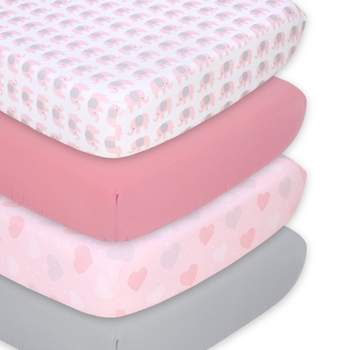The Peanutshell Fitted Crib Sheet Set for Baby Girls, Pink Elephant, 4 Pack Set