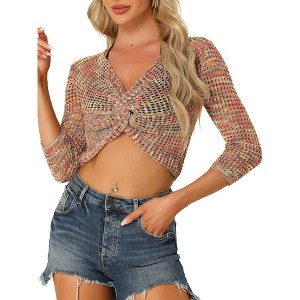 Allegra K Women's V Neck Twist Front Long Sleeve Hollow Out Knit Crop Top - 1 of 4
