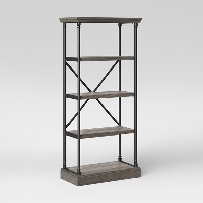 Gray Wood and Cast Iron Four-Tier Bookshelf