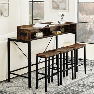 Oversart 59 inch bar table, dining table, sofa table with power socket and LED light, 3 saddle stools, 4-piece bar table and chairs set