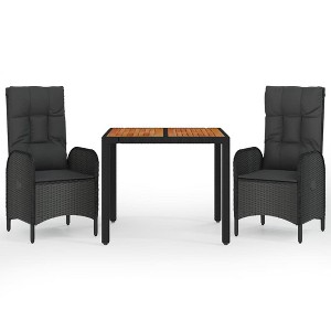 vidaXL 3-Piece Patio Dining Set with Reclining Chairs and Acacia Tabletop - Black Poly Rattan, Weather-Resistant Outdoor Furniture for Garden/Deck - 1 of 4