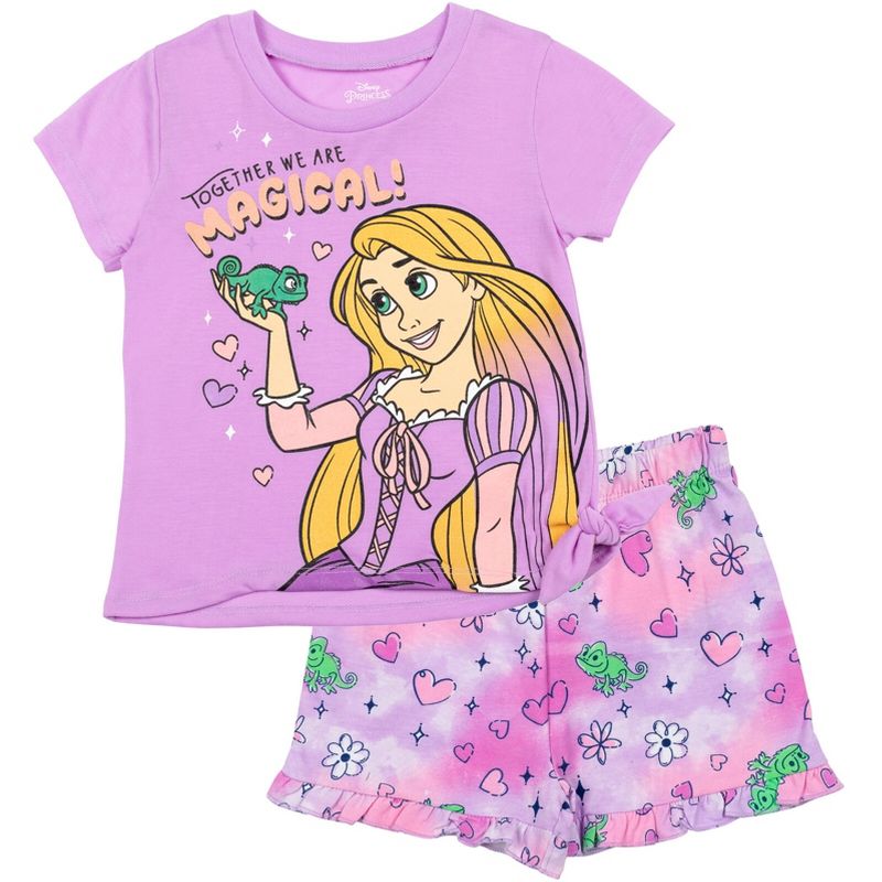 Disney Frozen Moana Princess Tiana Floral Peplum T-Shirt and French Terry Shorts Outfit Set Toddler to Big Kid, 1 of 8