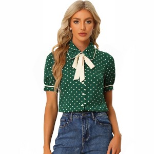 Allegra K Women's Polka Dots Peter Pan Collar Tie Neck Short Sleeve Shirt - 1 of 4