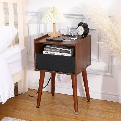 Nightstand with Charging Station, Rustic Bed Side Table with Drawer, 3-Tier Wooden Night Stand with Storage Shelf for Bedroom