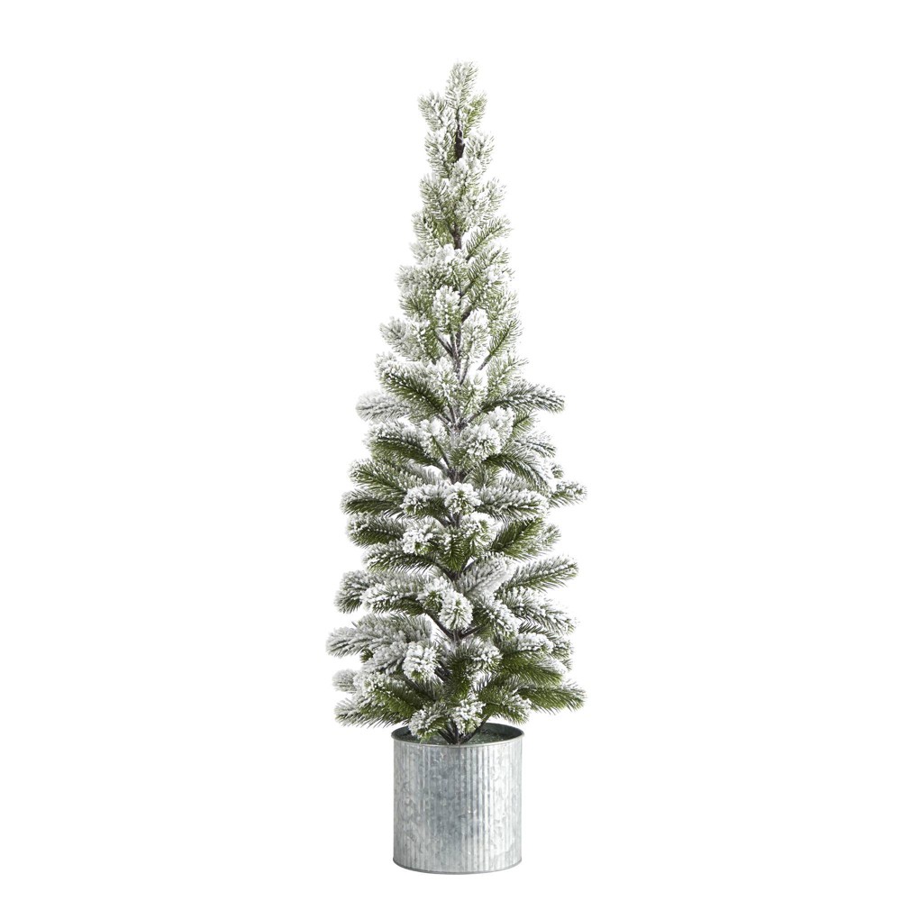 Photos - Garden & Outdoor Decoration 3ft Nearly Natural Unlit Flocked Pine Tree Artificial Christmas Tree in Tin Planter