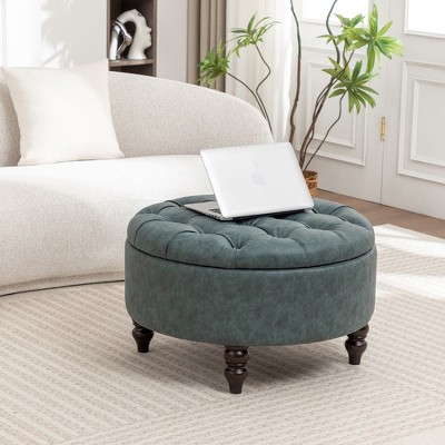 SEYNAR 29.5''Modern PU Leather Round Storage Ottoman with Wood Legs