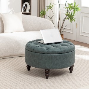 SEYNAR 29.5''Modern PU Leather Round Storage Ottoman with Wood Legs - 1 of 4