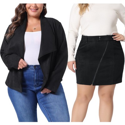 Agnes Orinda Women's Plus Size 2 Pieces Faux Suede Lapel Open Front Cardigan Jacket and Zipper Front Pockets A Line Skirt Set