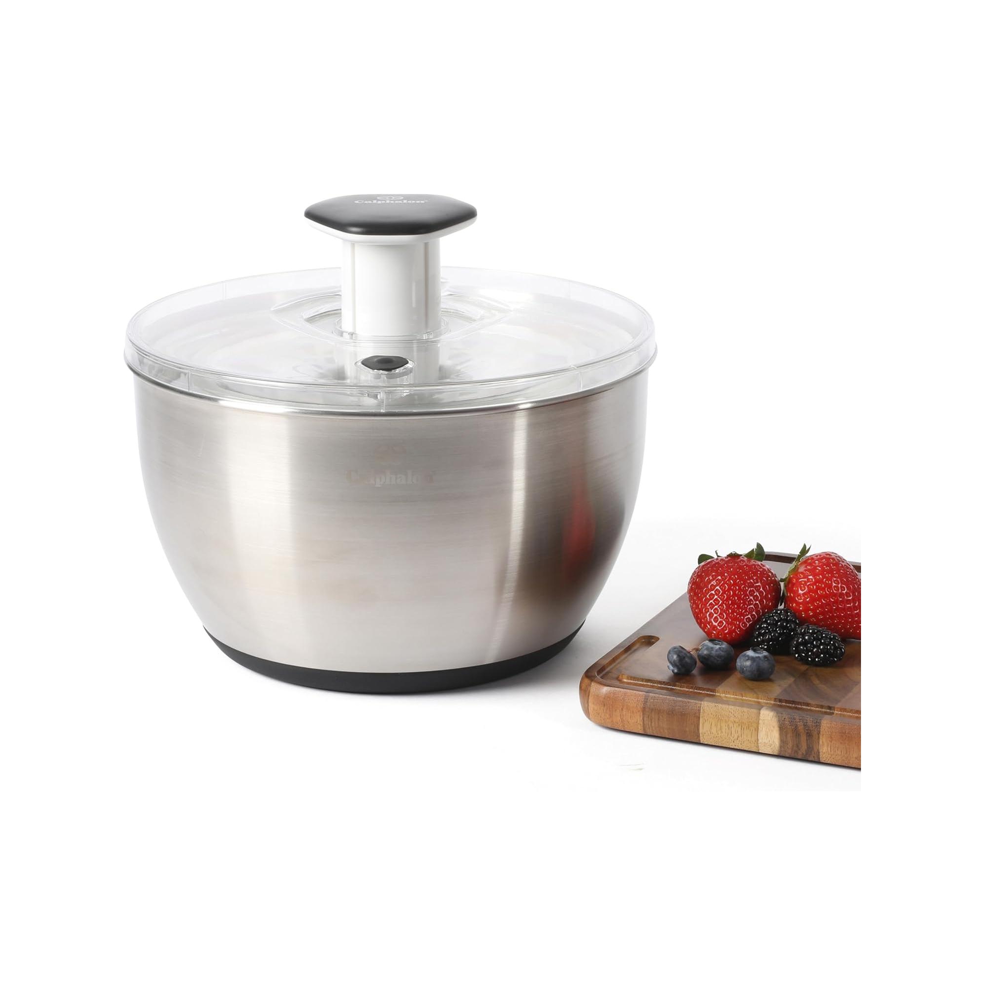 Calphalon Aero 6.3 Qt Stainless Steel Salad Spinner, Fruit Washer, Fruit Washing Bowl with Strainer