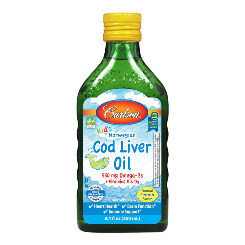 Carlson - Kid's Cod Liver Oil, 550 mg Omega-3s + A & D3, Norwegian, Wild Caught, Sustainably Sourced, Lemon, 1 of 5