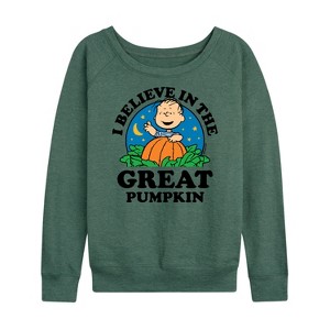 Women's - Peanuts - I Believe In The Great Pumpkin Lightweight French Terry Wide Neck Long Sleeve Shirt - 1 of 4