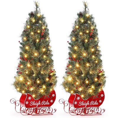 Christmas Tree with 85 Lights, Pre-Lit Artificial Mini Christmas Tree with 8 Mode Includes Red Berries & Sleigh Base for Front Door, Porch