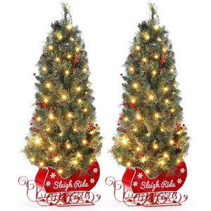 Christmas Tree with 85 Lights, Pre-Lit Artificial Mini Christmas Tree with 8 Mode Includes Red Berries & Sleigh Base for Front Door, Porch - 1 of 4