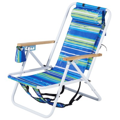 VisioGear Folding Beach Chair, Portable Backpack Foldable Camping Chair with Headrest Cup Holder, Blue & Green Stripes, 23"*21.7"*31.5"