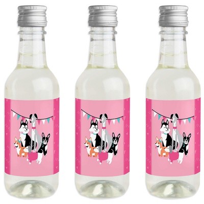 Big Dot of Happiness Pawty Like a Puppy Girl - Mini Wine & Champagne Bottle Label Stickers - Pink Dog Baby Shower or Birthday Party Favor Gift - 16 Ct