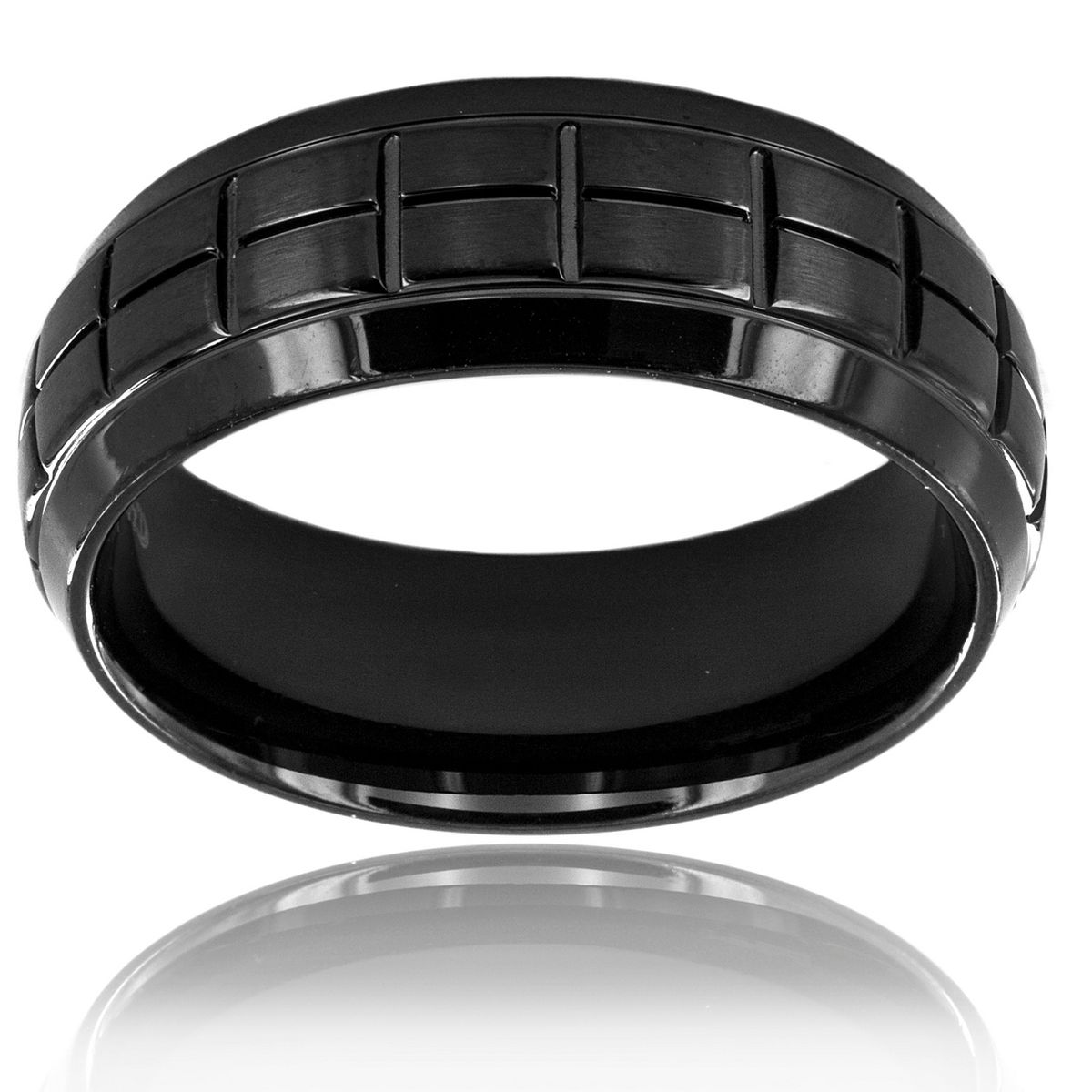 Men's Brushed Grooved Domed Black Plated Steel Ring - thumbnail 3