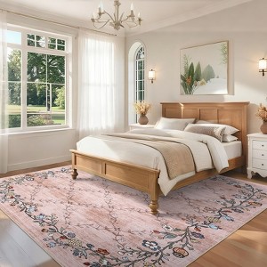 Modern Washable Area Rug for Living Room, Floral Pattern Floor Mat with Non Slip Backing, Low Pile Stain Resistant Lightweight Carpe - 1 of 4