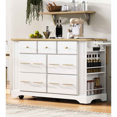 Kitchen Island with Drop Leaf and Power Outlet, Rolling Cart with 6 Drawers and Pull-Out Trash Cabinet, MDF Frame Kitchen Island-Coolbibila