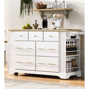 Kitchen Island with Drop Leaf and Power Outlet, Rolling Cart with 6 Drawers and Pull-Out Trash Cabinet, MDF Frame Kitchen Island-Coolbibila - 1 of 4