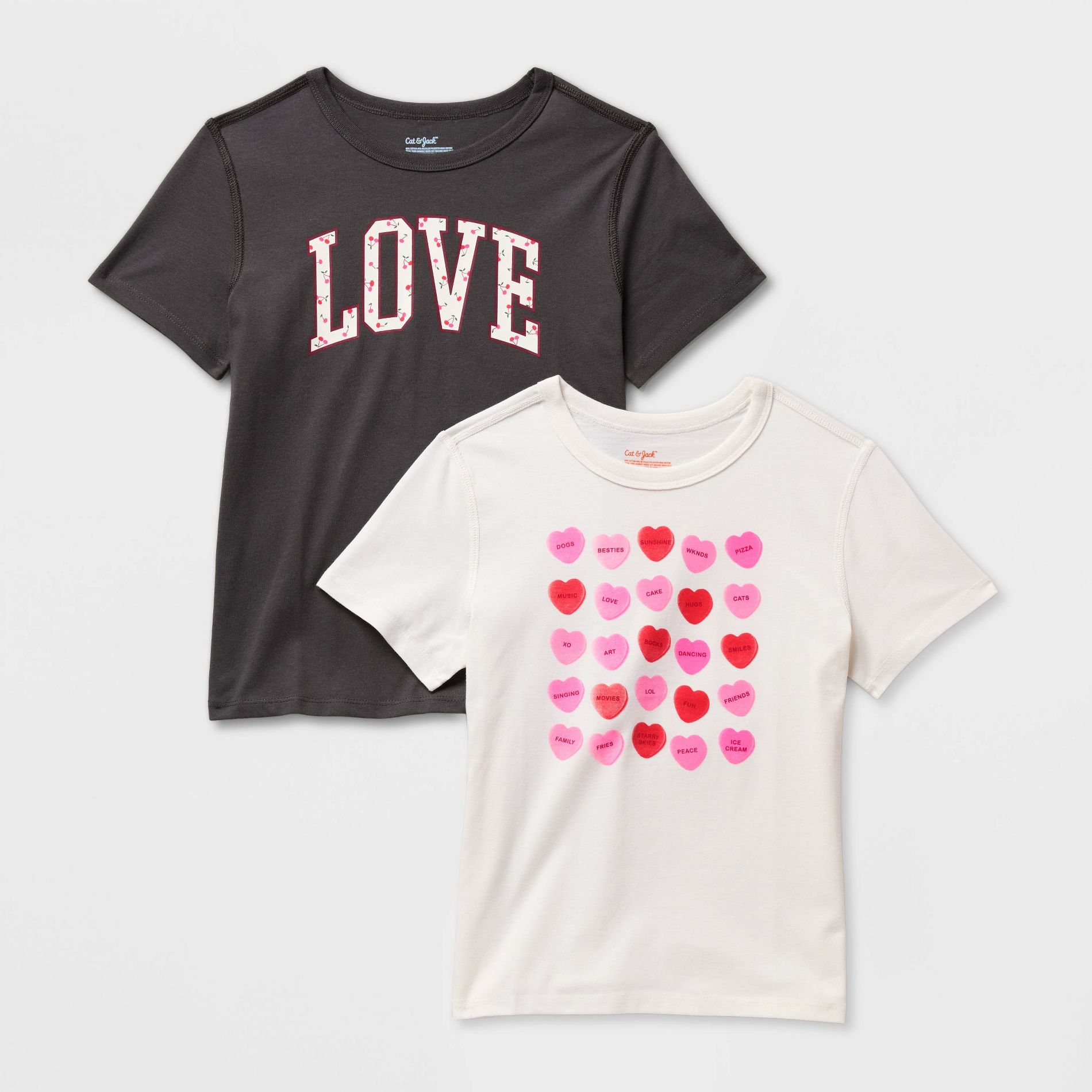 Kids' 2pk Adaptive Short Sleeve Candy Heart/Love Graphic T-Shirt - Cat & Jack™ Charcoal Gray/White