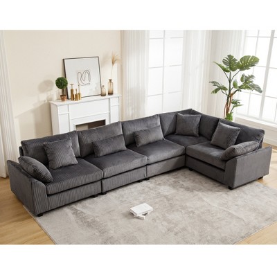Oversized Modular Sectional Sofa Couch Set, 5-Seater L-Shaped Sectional for Living Room, Corduroy Upholstered Modular Sofa with 7 Free Pillows