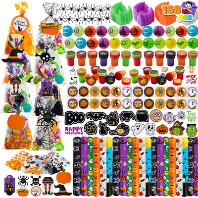 Joyfy 168 pcs Halloween Party Favors Set,,Kids Boys Girls,24 Pack Goody Bags with Halloween Tags for Kids Trick or Treating,Birthday Party Supplies