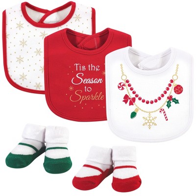 Little Treasure Baby Girl Cotton Bib and Sock Set 5pk, Christmas Necklace, One Size