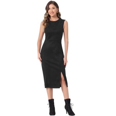 INSPIRE CHIC Women's Faux Suede Sleeveless Crewneck Split Hem Work Sheath Dress