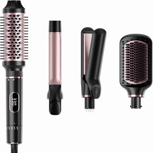 NICEBAY 4-in-1 Hair Tool set - Hair Straightening Brush, Thermal Brush, Flat Iron & 1" Ceramic Curling Iron, 5 Temps, Fast Heating, Dual Voltage - 1 of 4