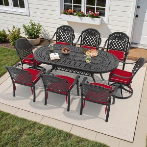 9-Piece Oval Cast Aluminum Outdoor Patio Dining Set with Swivel Chairs & Red Cushions & Umbrella Hole - 1 of 4