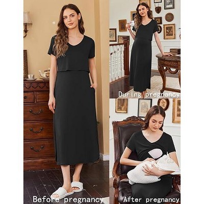 Женское платье Ekouaer Nursing Dress Summer V Neck Short Sleeve Maternity Split Long Dresses for Breastfeeding with Pockets Green — фото 4