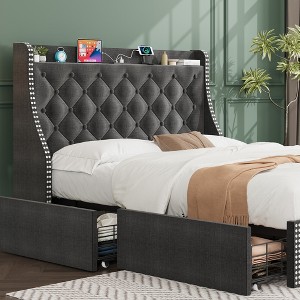Bed Frame with 4 Storage Drawers, Bed Frame with Wing Back Headboard, Charging Station, Diamond Cluster Design, No Spring Box, - 1 of 4