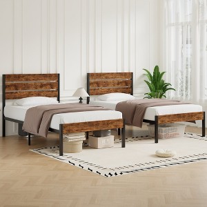 VECELO Platform Bed Frame With Rustic Vintage Wood Headboard and Footboard, Sturdy Metal Slats, No Box Spring Required - 1 of 4