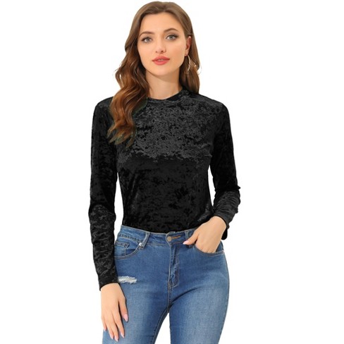 Allegra K Women's Casual Vintage Velvet Crew Neck Long Sleeve T-shirts  Black Large