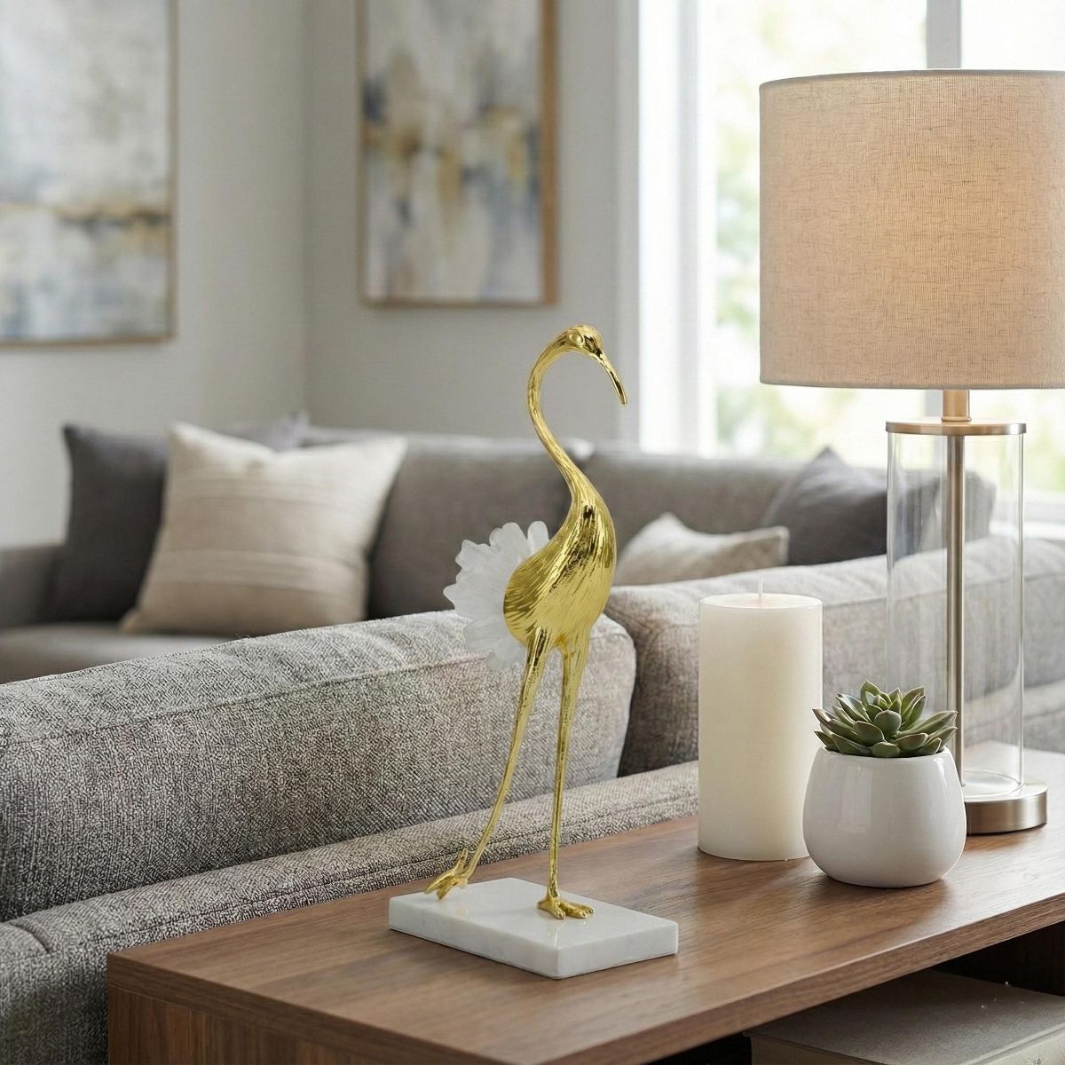 Elegant Crane Sculpture with Marble Base, Decorative Bird Statue for Tabletop Display, Living Room Accent, Entryway Decor, or Centerpiece Ornament - thumbnail 2