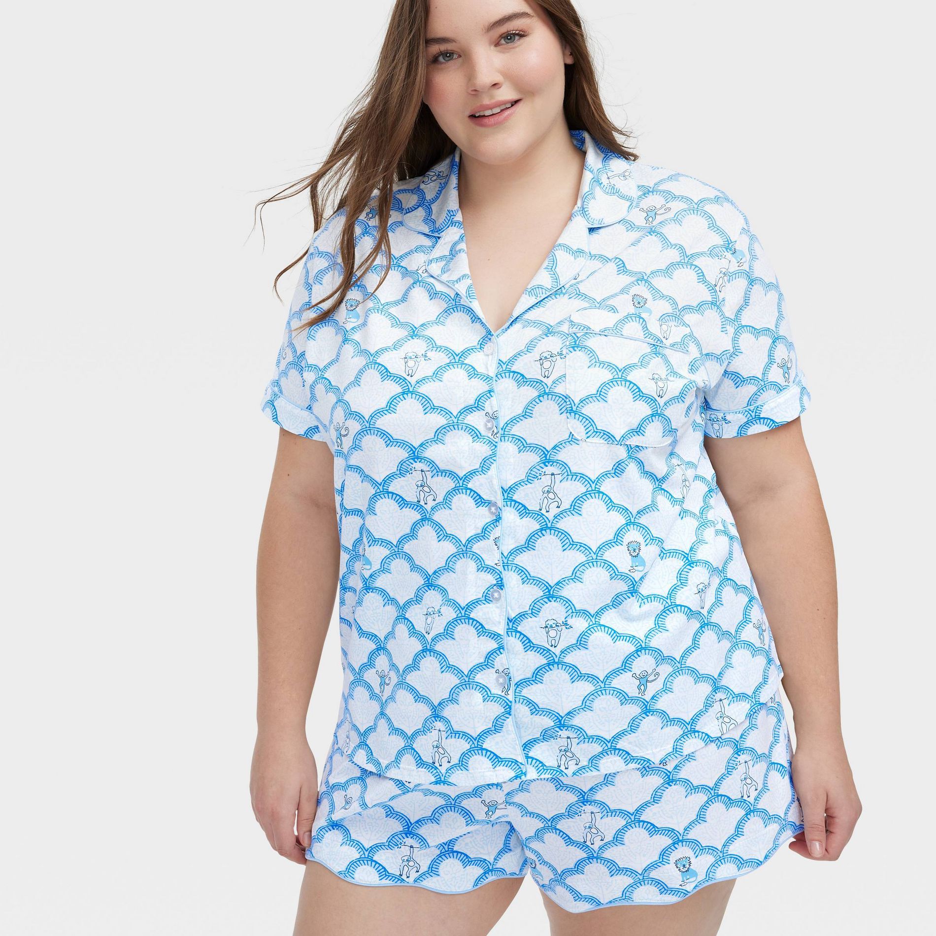 Women's Geo Trellis Short Sleeves and Shorts Pajama Set Blue - Roller Rabbit x Target
