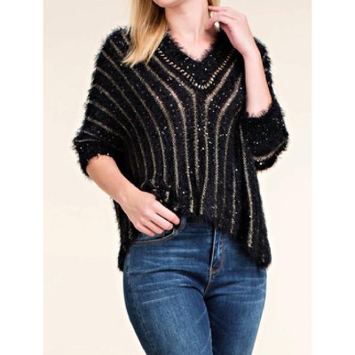 Women's Black Crop Sweater with Gold Threaded Stripe - VOCAL APPAREL